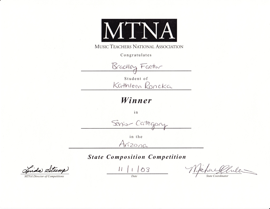 MTNA Composition Contest Winner Certificate